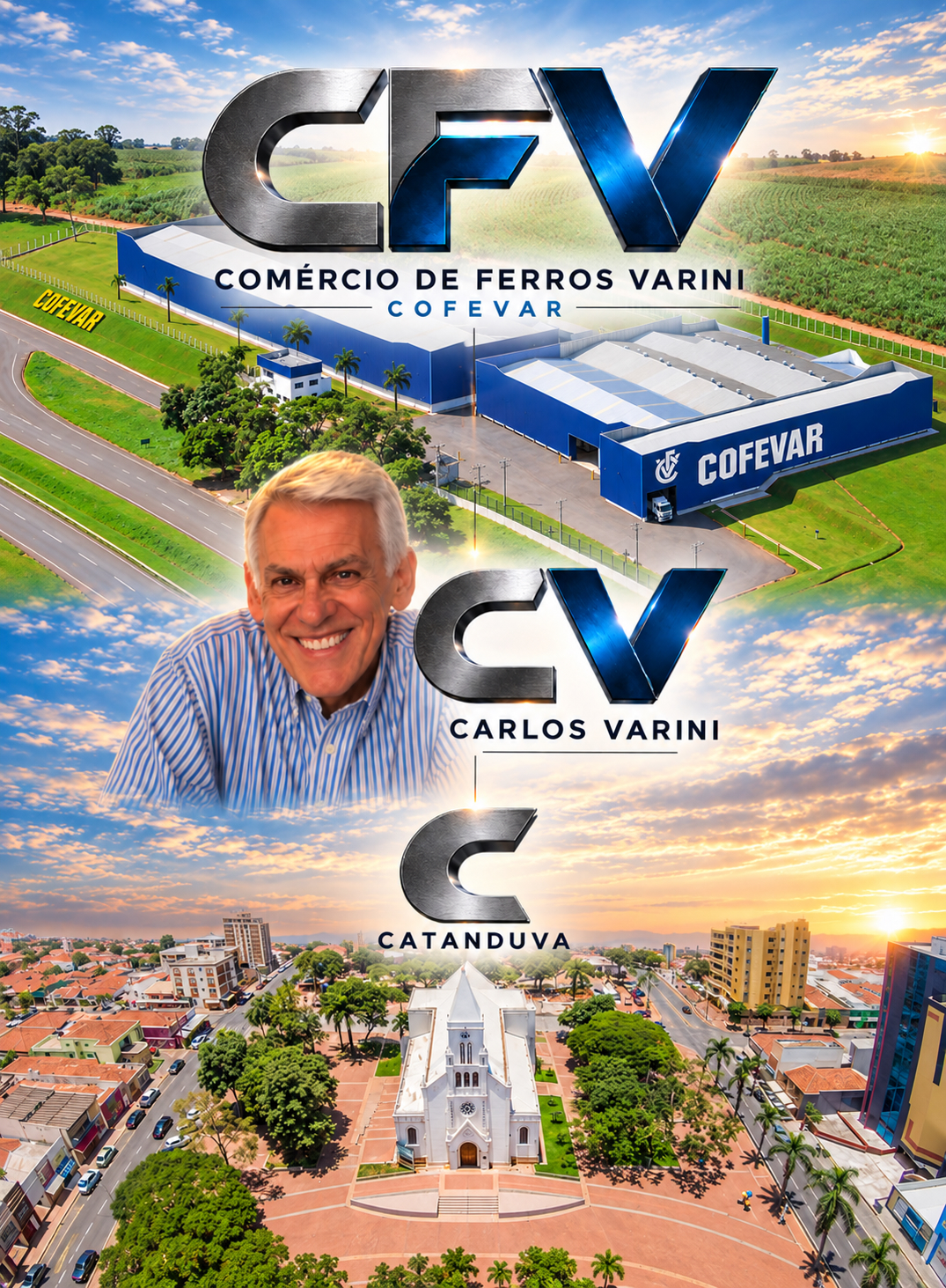 Composição com a marca COFEVAR, o fundador Carlos Varini e a cidade de Catanduva ao fundo